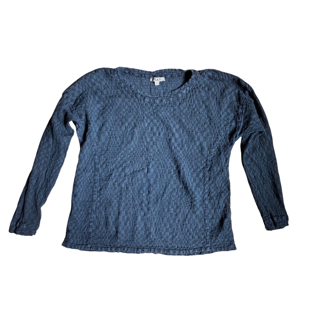 FLAX Navy Blue Textured Linen Cotton Popcorn Long Sleeve Top L Lagenlook Earthy